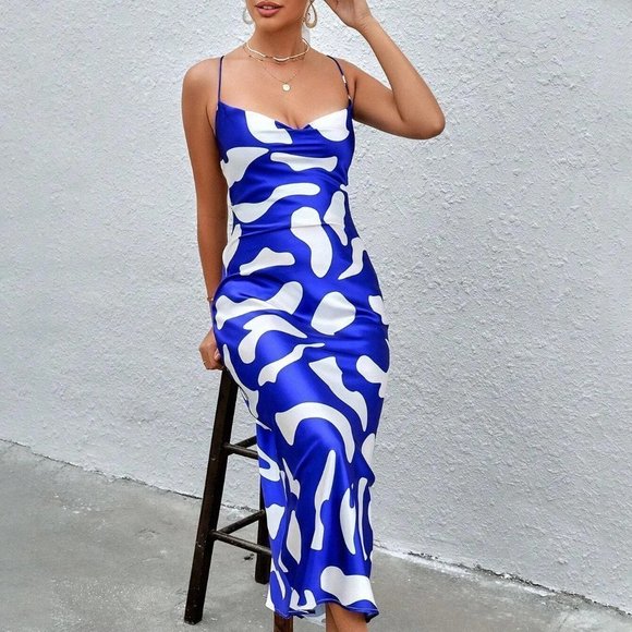 Blue & White Preppy Womens Allover Print Draped Collar Cami Dress - Picture 3 of 5